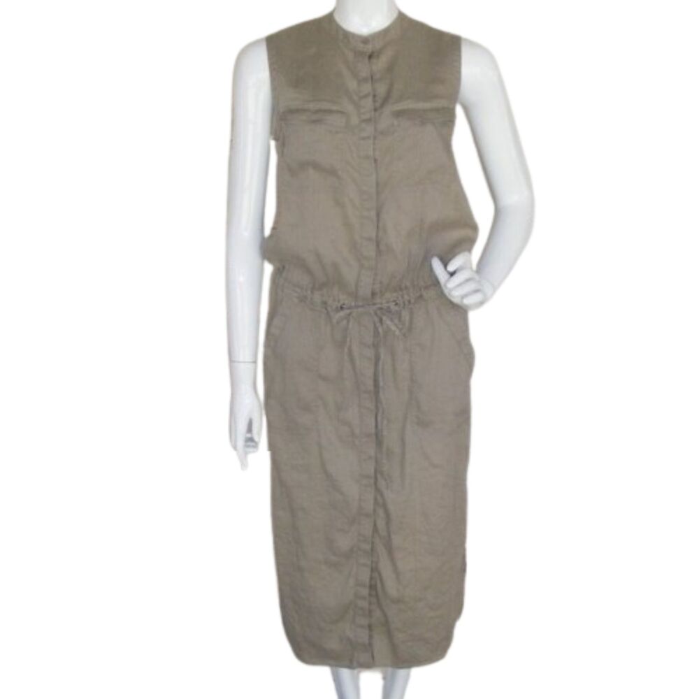 VINCE Midi Dress, XS, Khaki, Career, Sleeveless, Linen, Shirtdress